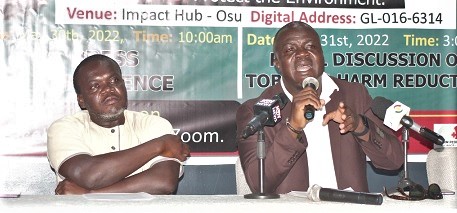 Samuel Cudjoe Hanu (right), Executive Director, Harm Reduction Alliance, Ghana, addressing journalists during the press conference. With him is Dela Yao Seshie, Board Member, Finance and Administration, Harm Reduction Alliance, Ghana. Picture: Maxwell Ocloo